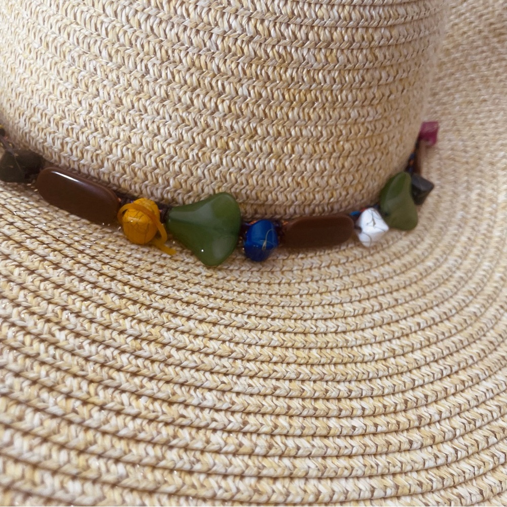 Bohemian Large straw hat with beading detailing with chin strap and bow tie - Picture 5 of 15